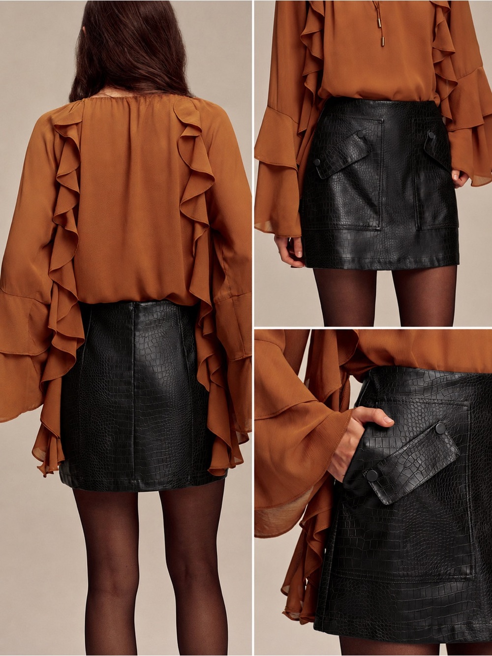 Commense Black Faux Leather Croc Embossed Mini Skirt NWT Large